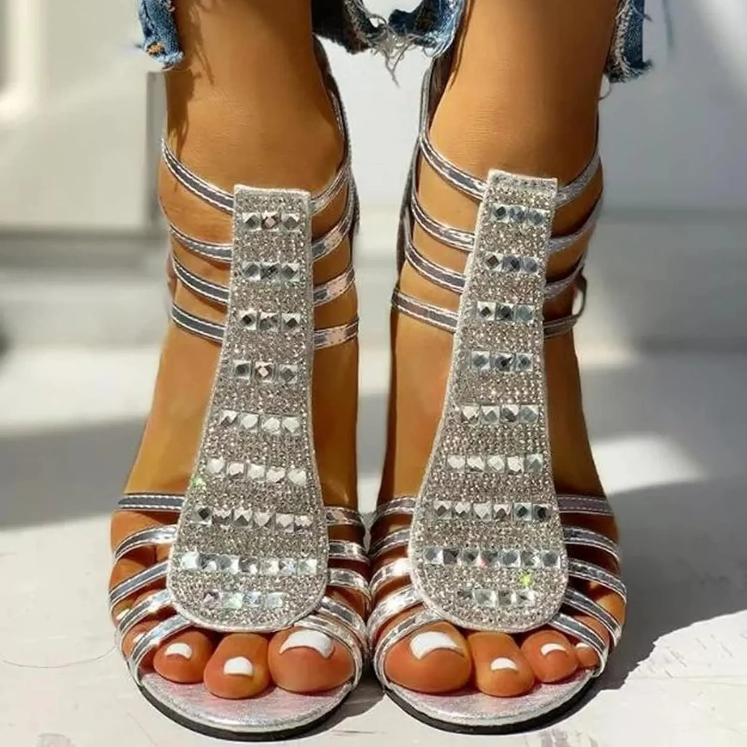 Women's Sandals Women's Open Toe Heeled Sandals Silver Heels Stylish Heeled Sandals for Party Prom Wedding