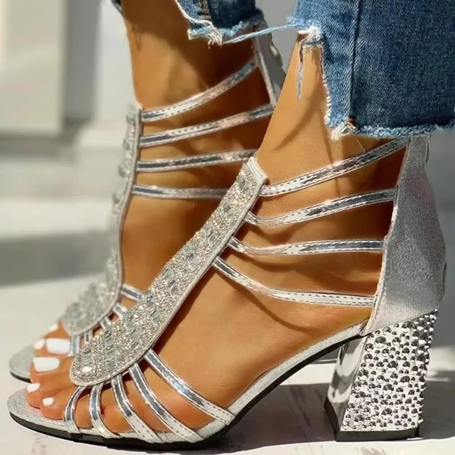 Women's Sandals Women's Open Toe Heeled Sandals Silver Heels Stylish Heeled Sandals for Party Prom Wedding
