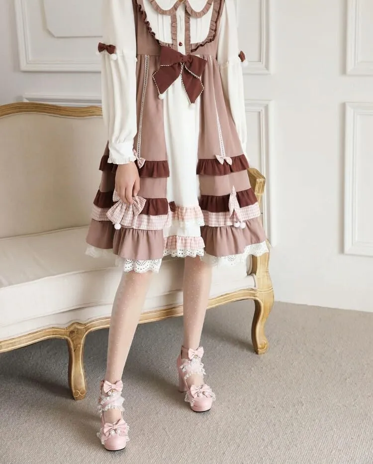 Women's Sweet Cute Bow Lolita Shoes Mary Jane Chunky Heels Platform Round Toe Heels Ankle Strap Buckle Lace Cross Tie Dress Pumps