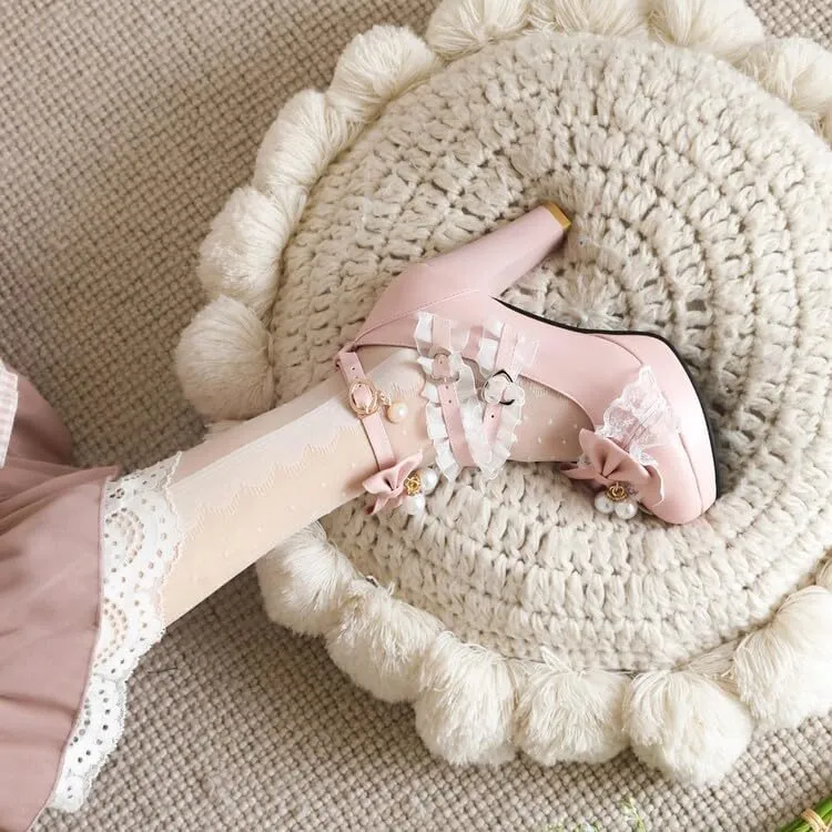 Women's Sweet Cute Bow Lolita Shoes Mary Jane Chunky Heels Platform Round Toe Heels Ankle Strap Buckle Lace Cross Tie Dress Pumps