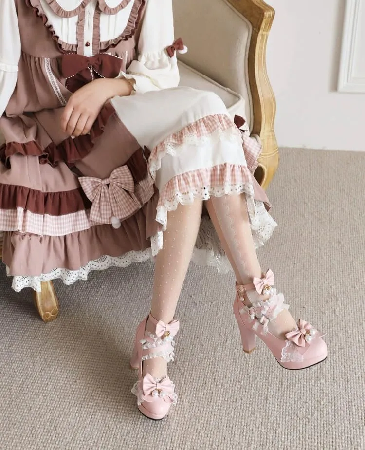 Women's Sweet Cute Bow Lolita Shoes Mary Jane Chunky Heels Platform Round Toe Heels Ankle Strap Buckle Lace Cross Tie Dress Pumps