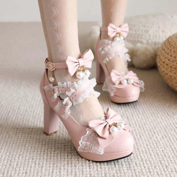 Women's Sweet Cute Bow Lolita Shoes Mary Jane Chunky Heels Platform Round Toe Heels Ankle Strap Buckle Lace Cross Tie Dress Pumps