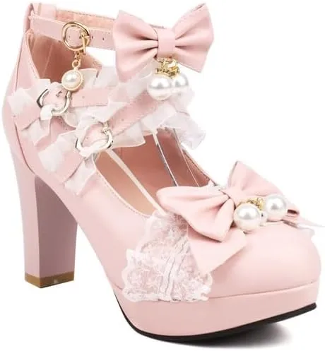 Women's Sweet Cute Bow Lolita Shoes Mary Jane Chunky Heels Platform Round Toe Heels Ankle Strap Buckle Lace Cross Tie Dress Pumps