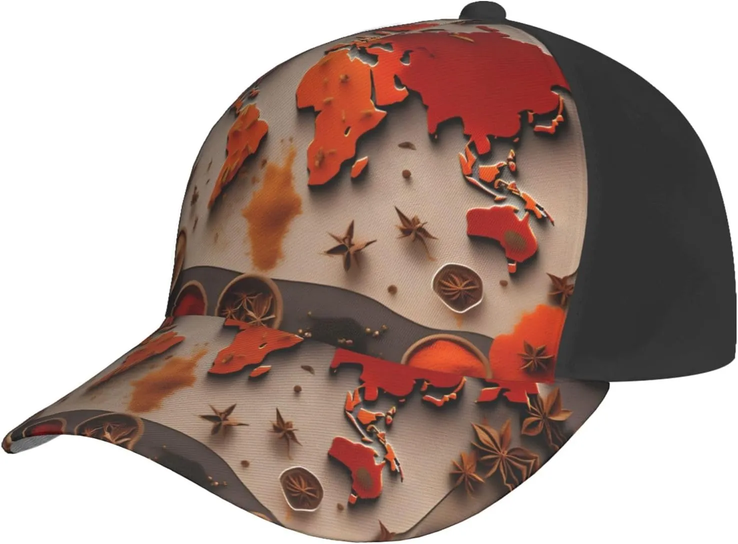 World Map Made up of Spices Print Baseball Cap for Men and Women – Curved Brim, Perfect for Outdoor, Sports, Travel, and Four Seasons Black