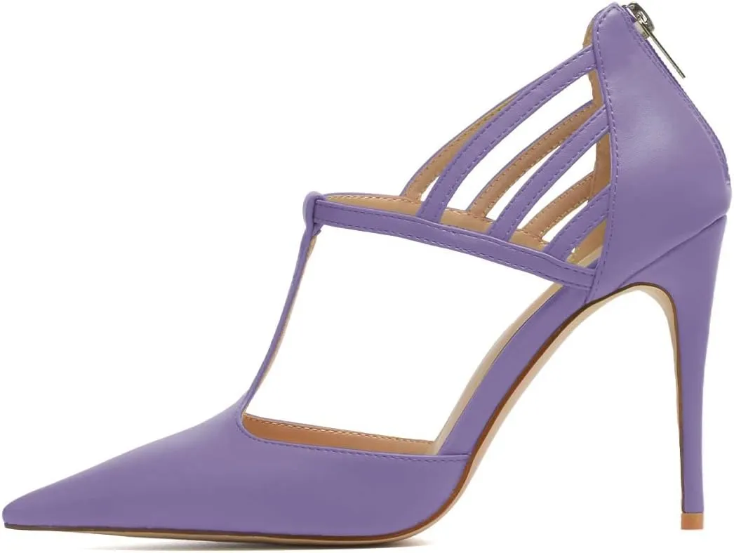 XYD High Stiletto Heels Pumps for Women T-strap Cut Out Pointed Toe Strappy Back Zip Office Lady Dress Party Sandal Shoes