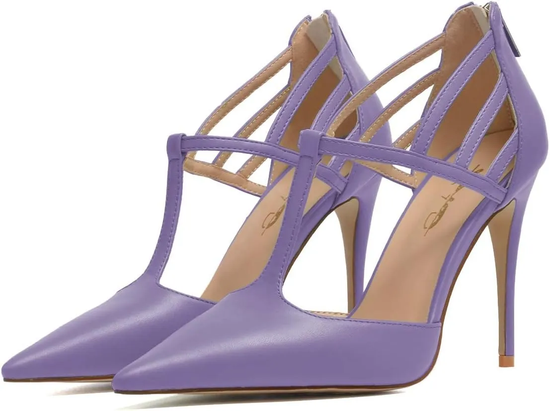 XYD High Stiletto Heels Pumps for Women T-strap Cut Out Pointed Toe Strappy Back Zip Office Lady Dress Party Sandal Shoes
