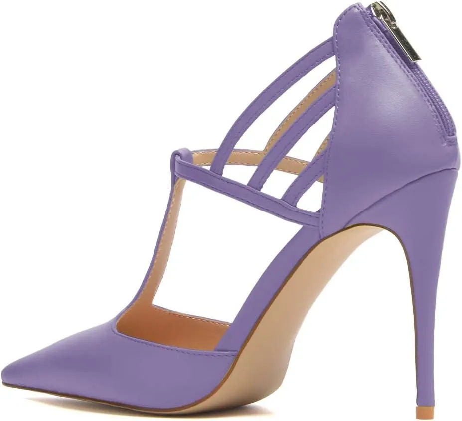 XYD High Stiletto Heels Pumps for Women T-strap Cut Out Pointed Toe Strappy Back Zip Office Lady Dress Party Sandal Shoes