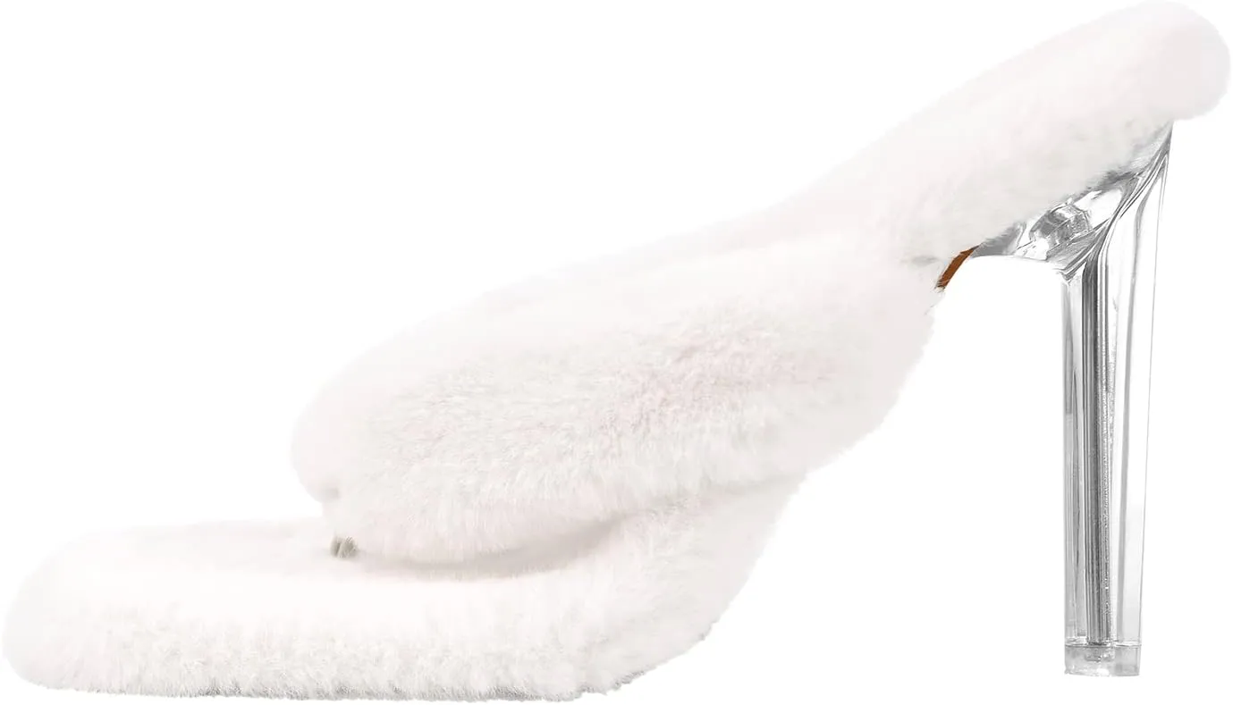 Yolkomo Women's Square Toe Stiletto High Heel Furry Sandals