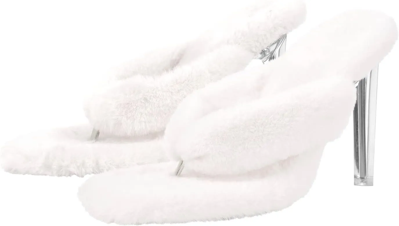 Yolkomo Women's Square Toe Stiletto High Heel Furry Sandals